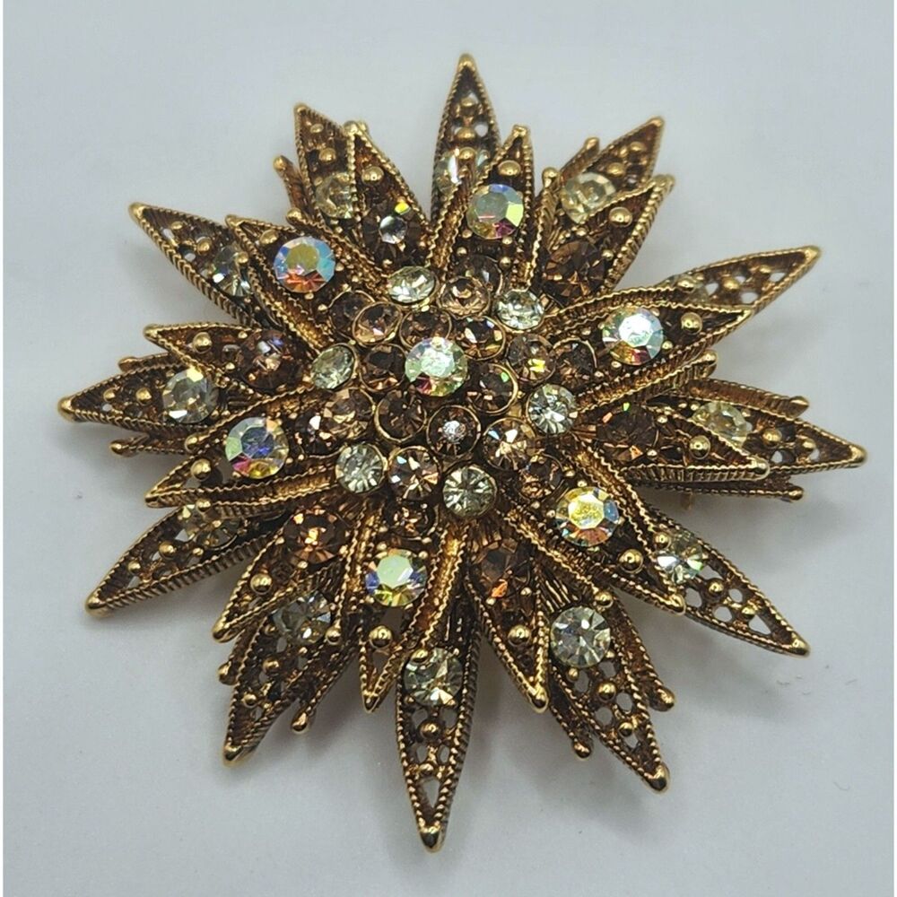 Vintage Starburst Layered Brooch Pin 2" Openwork Millgrain AB & Topaz Rhinestone